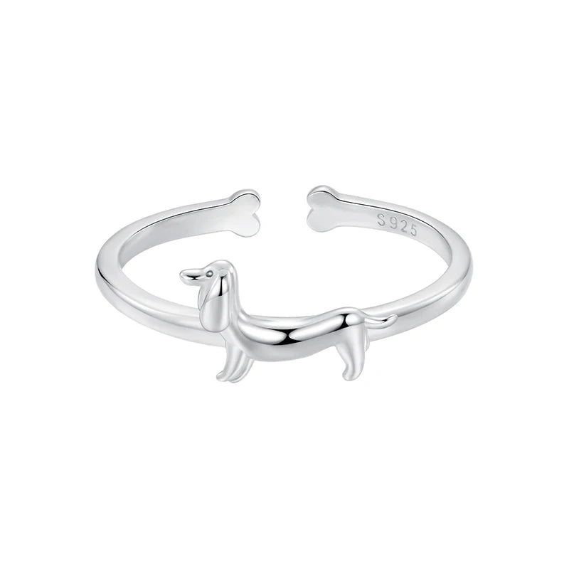 925 Sterling Silver Cute Dachshund Ring for Women, Lovely Pet Dog Open Ring Statement Ring Jewelry Gift for Pet Lover