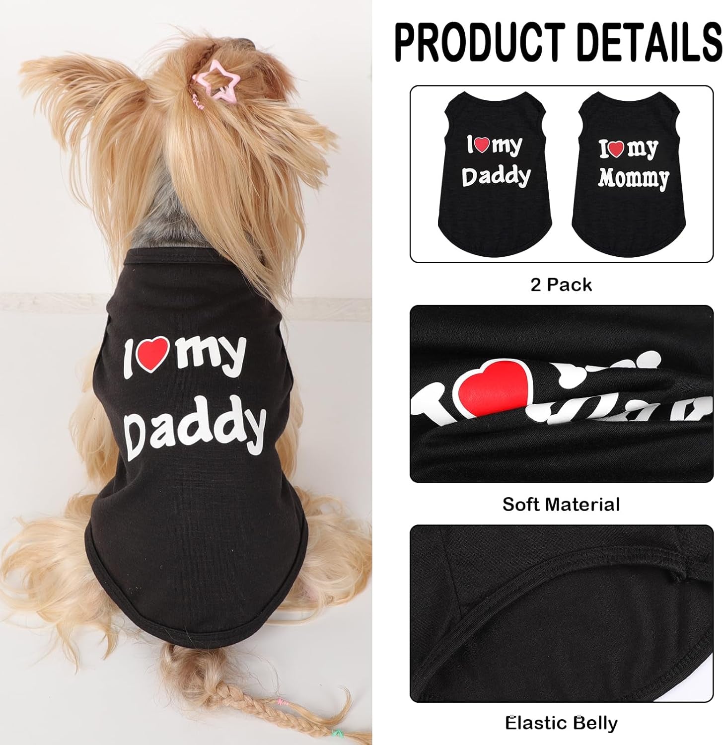 2 Pack Dog T-Shirt Sleeveless Vest for Small Dog, Love Mommy Daddy Chihuahua Yorkie Tank Top Tee Shirt Boy Girl Breathable, Summer Cute Female Male Stretchy Cotton Puppy Pet Cat Clothing, XS, Black