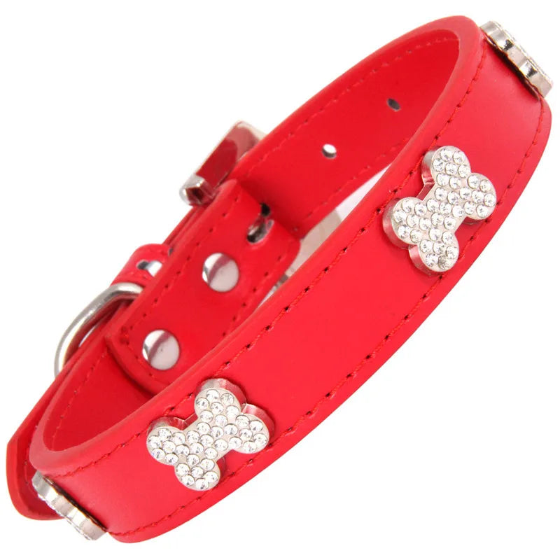 Cats Dogs Collar Leather Adjustable Decoration Bling Dog Bone Pendant Necklace Pet Collar with Rhinestones Pet Accessories Stuff