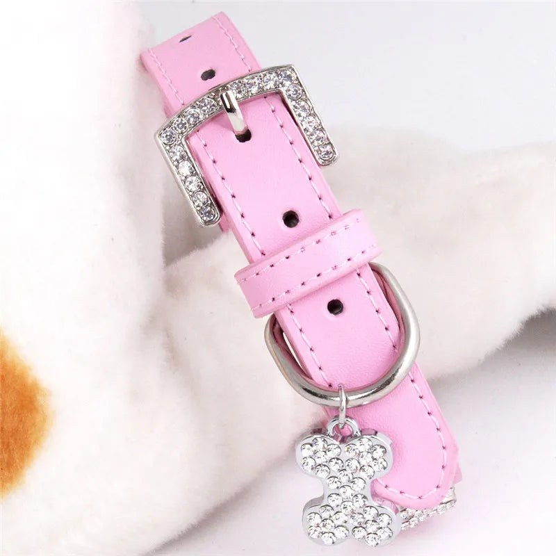 Cats Dogs Collar Leather Adjustable Decoration Bling Dog Bone Pendant Necklace Pet Collar with Rhinestones Pet Accessories Stuff