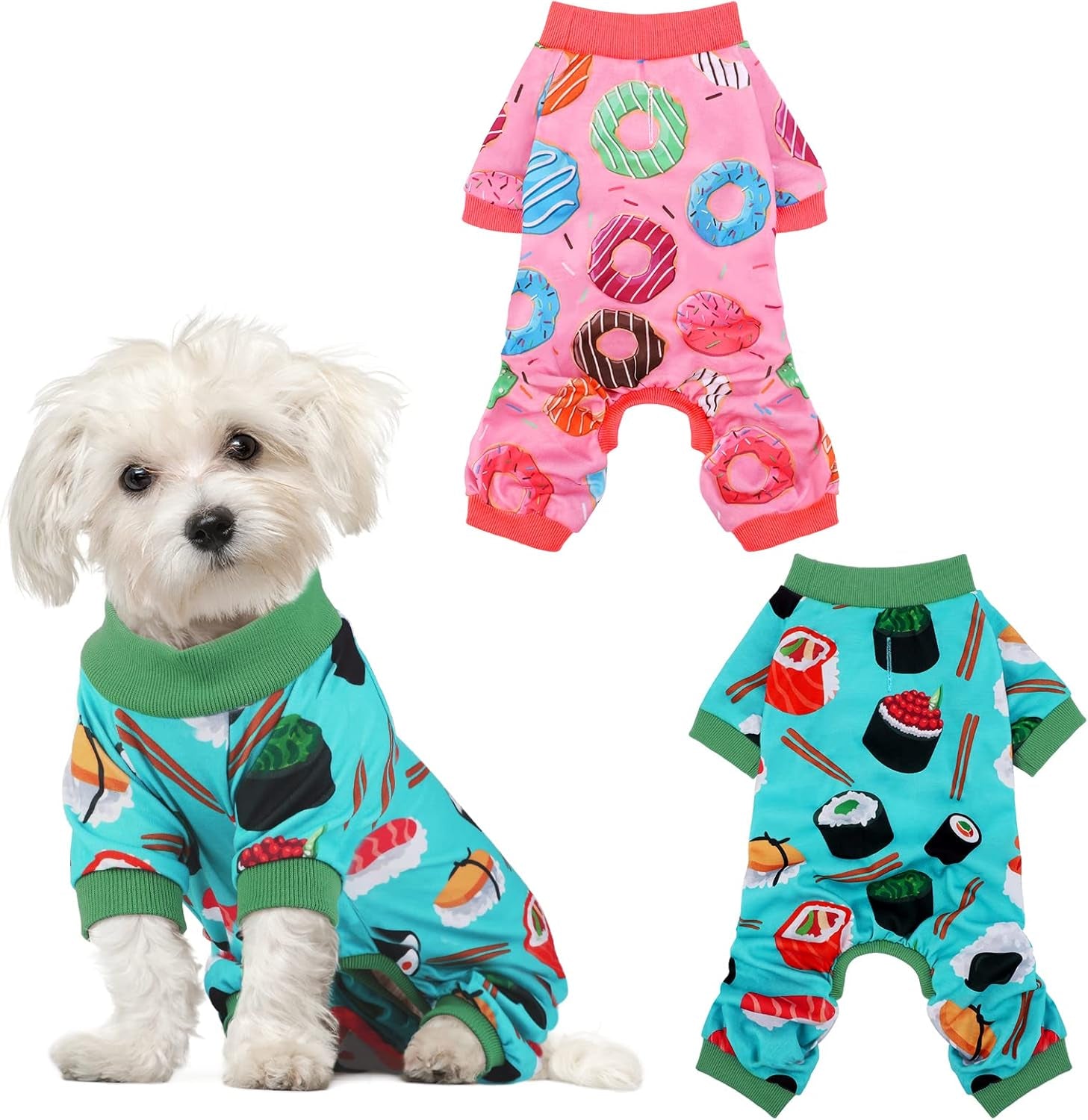 2 Pack Adorable Dog Pajamas Breathable Puppy Jumpsuit Soft Dog Clothes Fashionable Donut Sushi Pattern Dog Apparel Dog Pjs, Medium