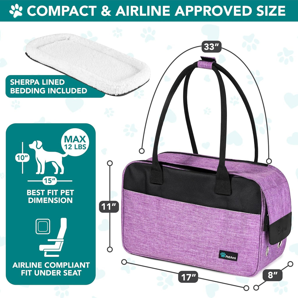 Dog Purse Carrier for Small Dogs, Airline Approved Soft Sided Pet Carrier with Pockets, Ventilated Dog Carrying Bag for Puppy Cat, Dog Travel Supplies Bag, Sherpa Bed, Max 12 Lbs, Purple