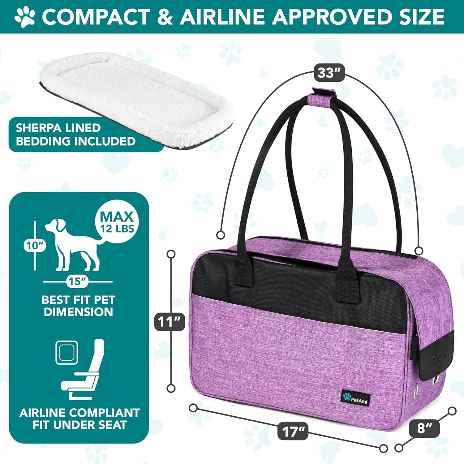 Dog Purse Carrier for Small Dogs, Airline Approved Soft Sided Pet Carrier with Pockets, Ventilated Dog Carrying Bag for Puppy Cat, Dog Travel Supplies Bag, Sherpa Bed, Max 12 Lbs, Purple