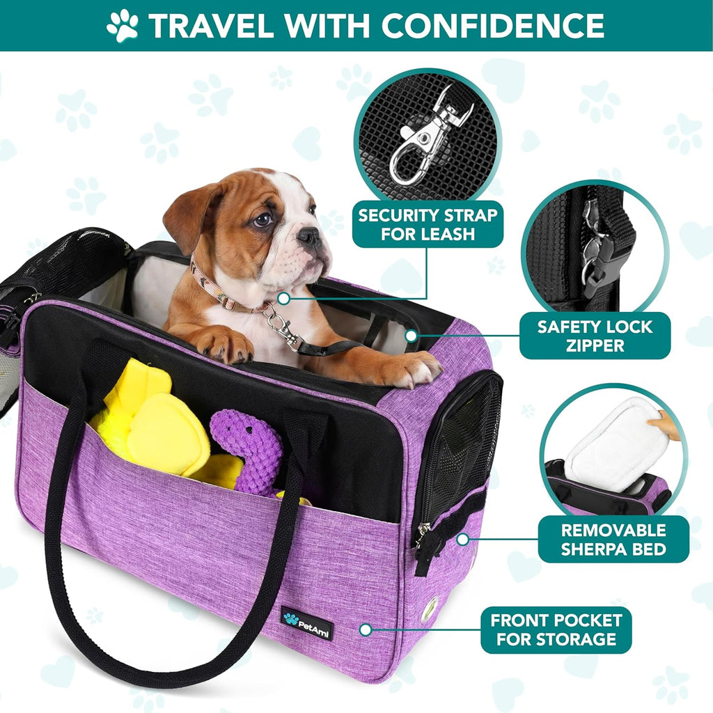 Dog Purse Carrier for Small Dogs, Airline Approved Soft Sided Pet Carrier with Pockets, Ventilated Dog Carrying Bag for Puppy Cat, Dog Travel Supplies Bag, Sherpa Bed, Max 12 Lbs, Purple