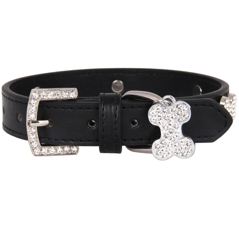 Cats Dogs Collar Leather Adjustable Decoration Bling Dog Bone Pendant Necklace Pet Collar with Rhinestones Pet Accessories Stuff
