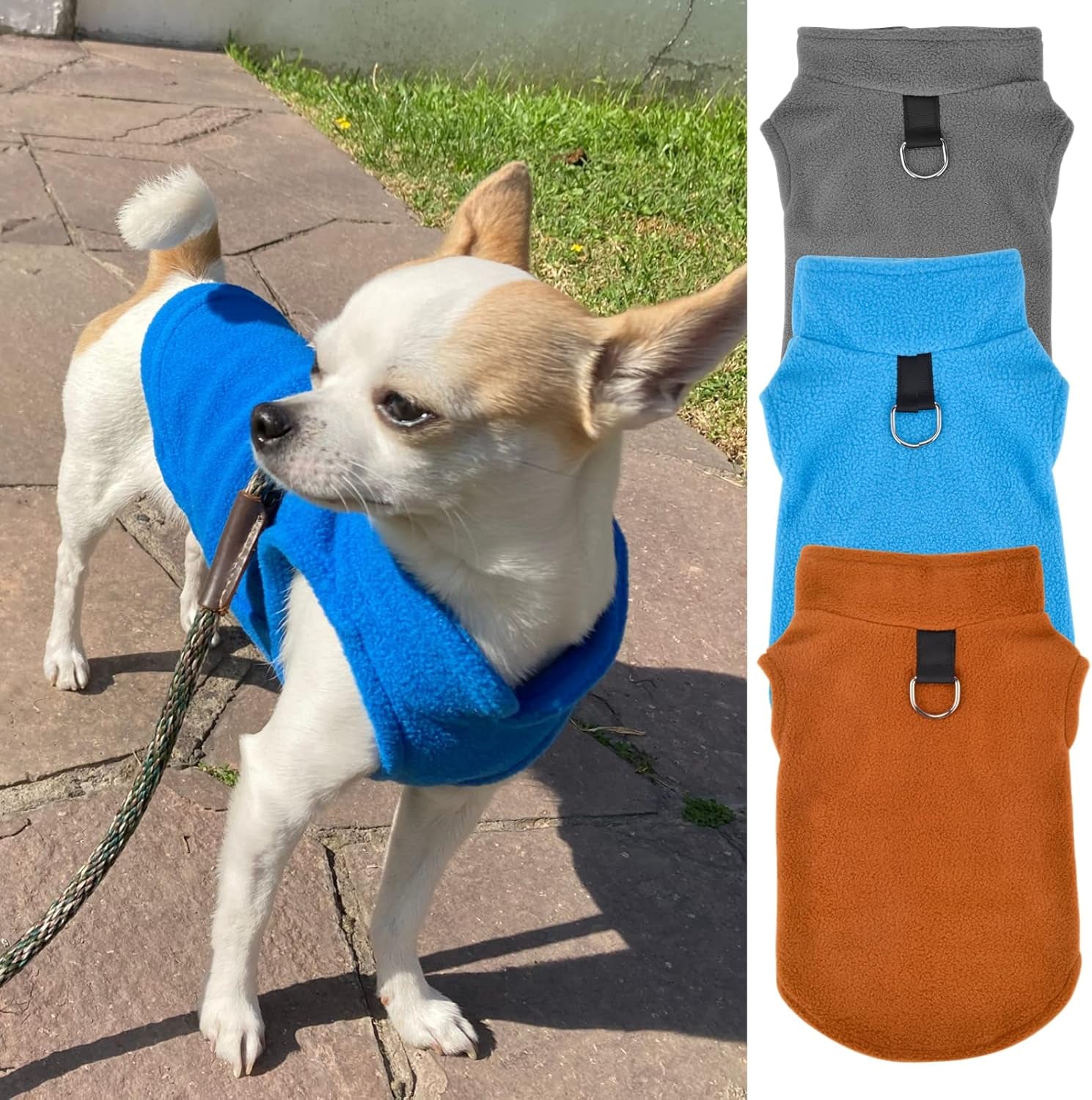 Set of 3 Dog Sweater with Leash Ring Fleece Pet Puppy Vest Winter Fall Clothes for Small Dog Boy Male Chihuahua Yorkies, (X-Small, Blue+Brown+Grey)