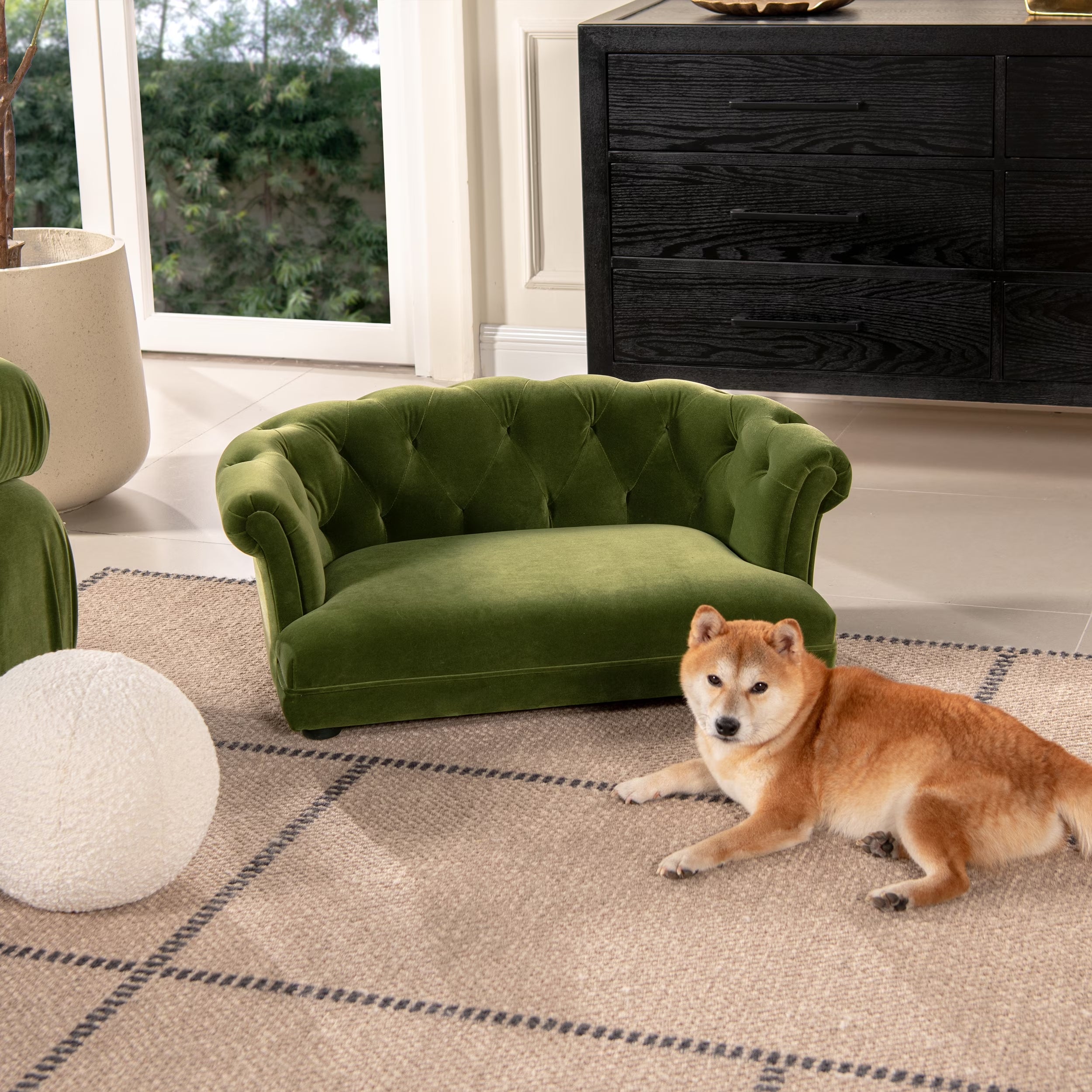 Dog Bed Kiki 36.5" Chesterfield Dog Sofa Bed, Medium, Olive Green Performance Velvet,Orthopedic Dog Bed