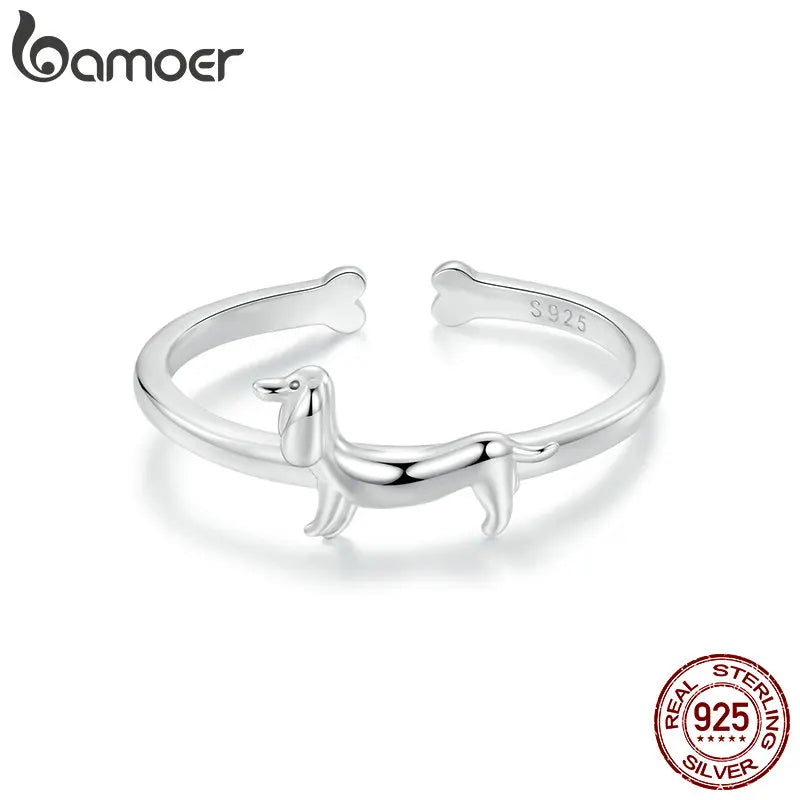 925 Sterling Silver Cute Dachshund Ring for Women, Lovely Pet Dog Open Ring Statement Ring Jewelry Gift for Pet Lover