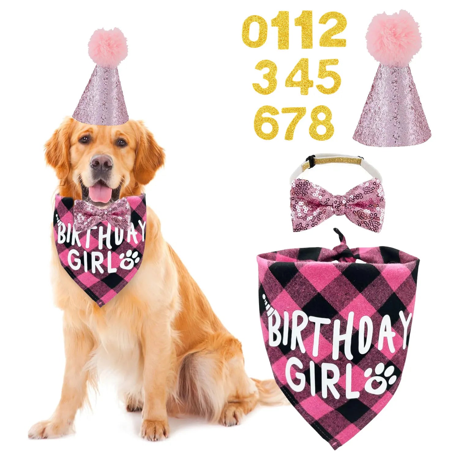 4Pcs Dog Birthday Party Supplies, Birthday Boy Dog Bandana, Dog Birthday Hat with Numbers for Medium Large Dogs Pets