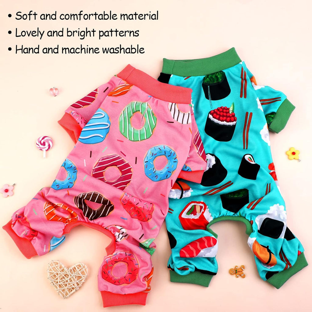 2 Pack Adorable Dog Pajamas Breathable Puppy Jumpsuit Soft Dog Clothes Fashionable Donut Sushi Pattern Dog Apparel Dog Pjs, Medium