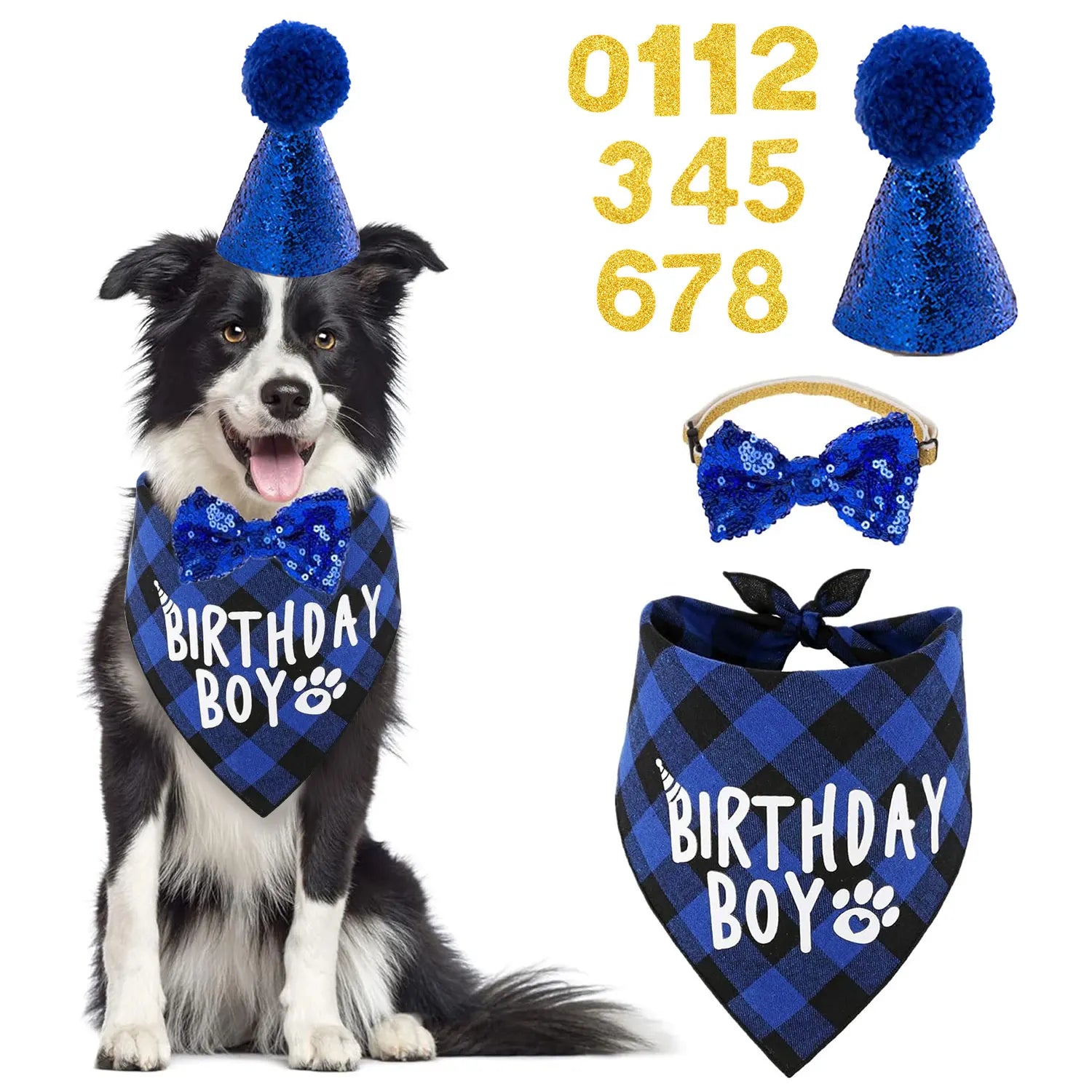 4Pcs Dog Birthday Party Supplies, Birthday Boy Dog Bandana, Dog Birthday Hat with Numbers for Medium Large Dogs Pets