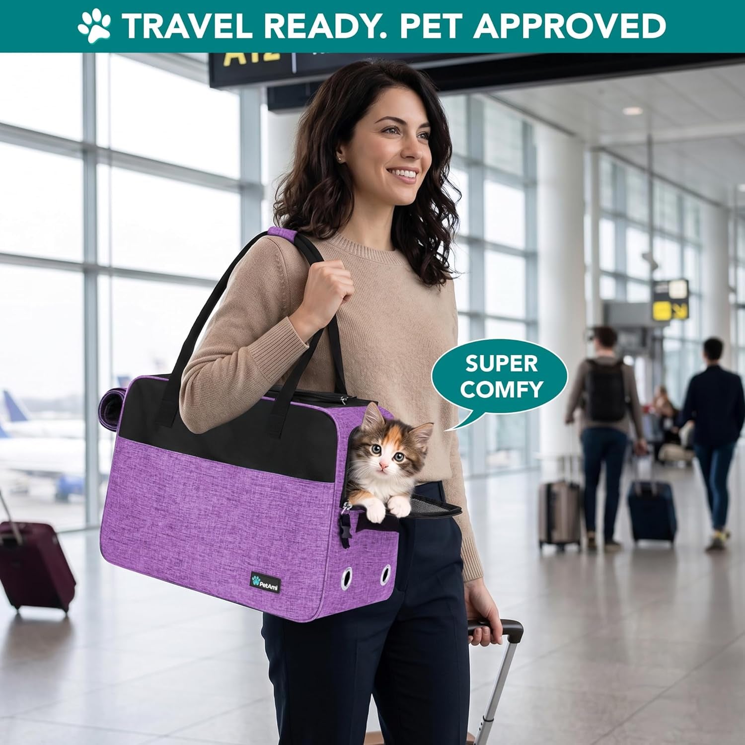 Dog Purse Carrier for Small Dogs, Airline Approved Soft Sided Pet Carrier with Pockets, Ventilated Dog Carrying Bag for Puppy Cat, Dog Travel Supplies Bag, Sherpa Bed, Max 12 Lbs, Purple