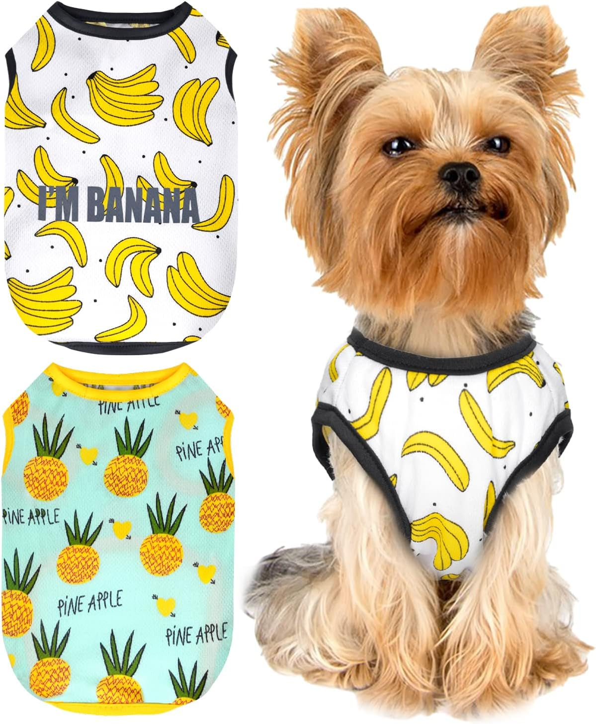 Set of 2 Dog Clothes for Small Dog Boy Girl Summer Pet Puppy Hawaiian Shirt for Chihuahua Yorkie Cute Fruit Banana Pineapple Patterns Tshirts Outfits (Medium, Banana + Pineapple)