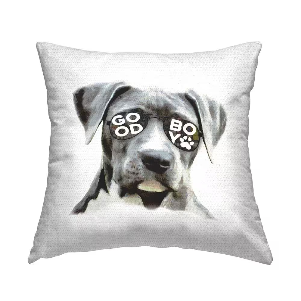 Good Boy Dog in Glasses Grey Square Outdoor Throw Pillow