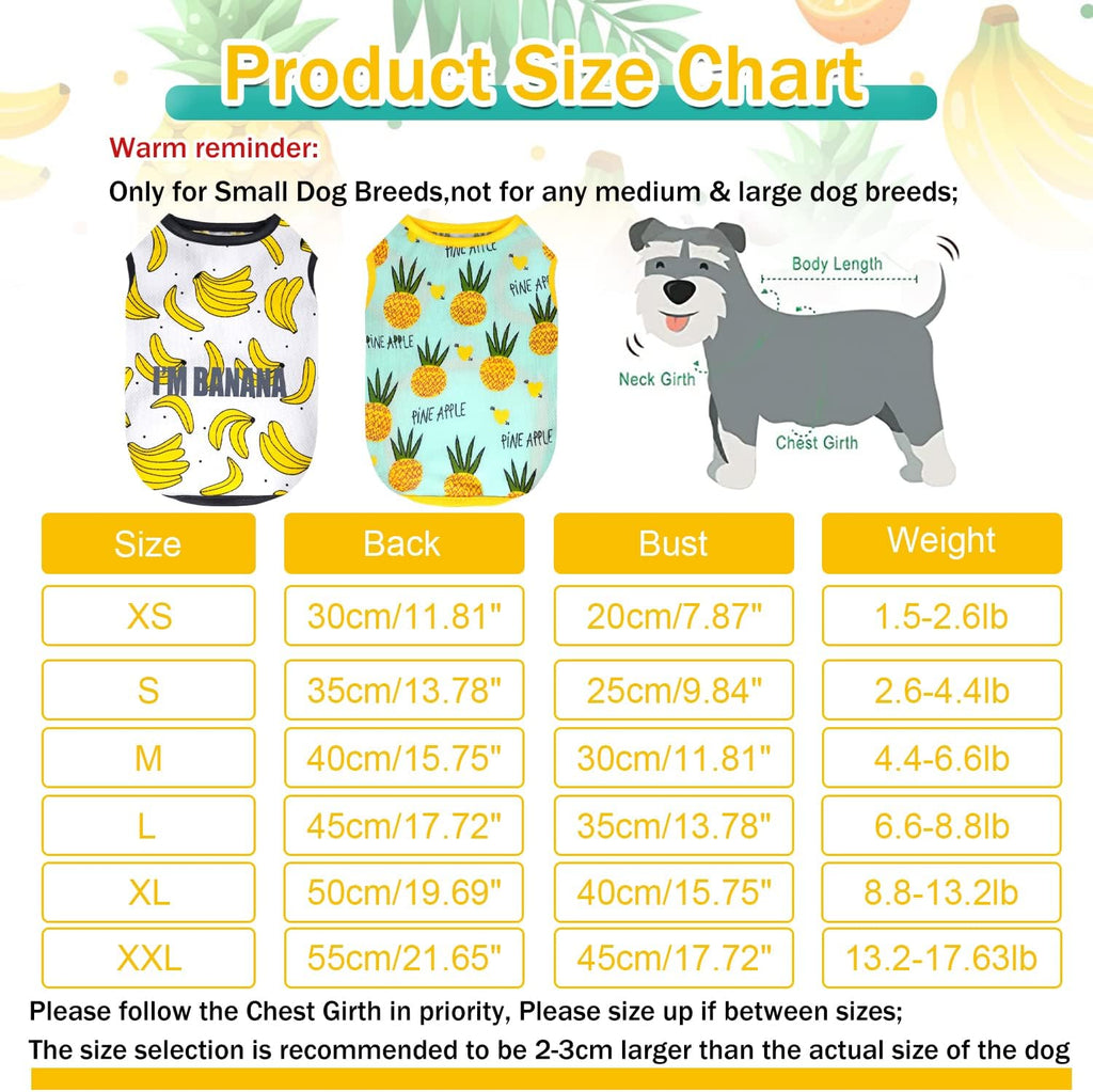 Set of 2 Dog Clothes for Small Dog Boy Girl Summer Pet Puppy Hawaiian Shirt for Chihuahua Yorkie Cute Fruit Banana Pineapple Patterns Tshirts Outfits (Medium, Banana + Pineapple)