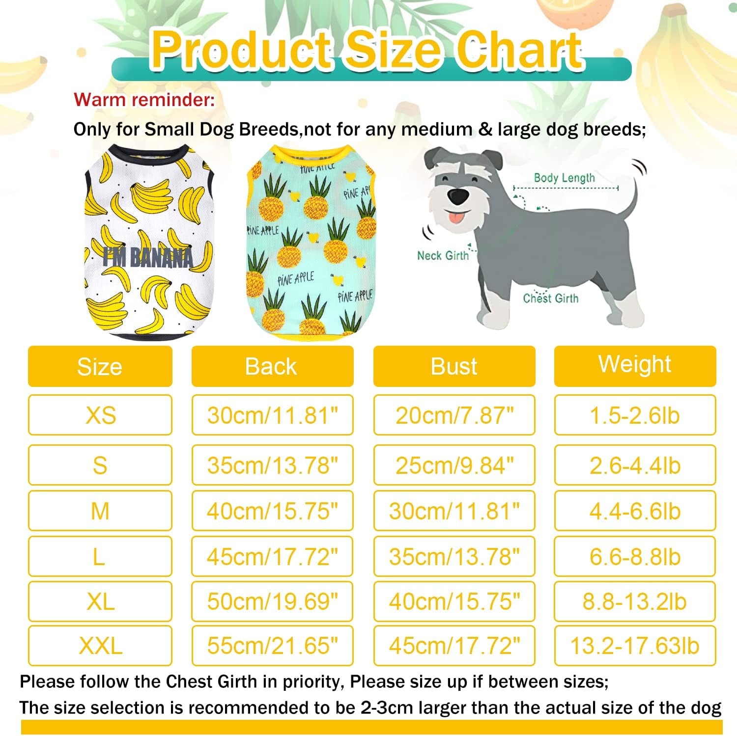 Set of 2 Dog Clothes for Small Dog Boy Girl Summer Pet Puppy Hawaiian Shirt for Chihuahua Yorkie Cute Fruit Banana Pineapple Patterns Tshirts Outfits (Medium, Banana + Pineapple)