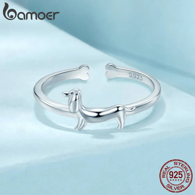 925 Sterling Silver Cute Dachshund Ring for Women, Lovely Pet Dog Open Ring Statement Ring Jewelry Gift for Pet Lover