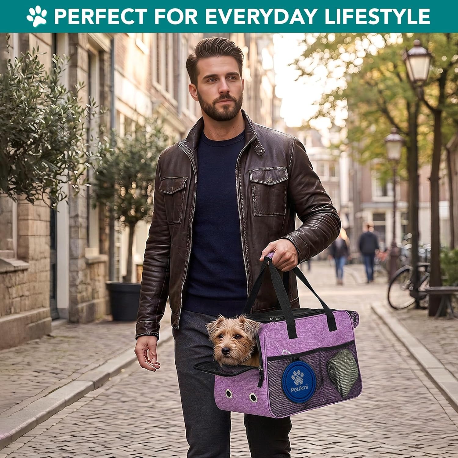 Dog Purse Carrier for Small Dogs, Airline Approved Soft Sided Pet Carrier with Pockets, Ventilated Dog Carrying Bag for Puppy Cat, Dog Travel Supplies Bag, Sherpa Bed, Max 12 Lbs, Purple