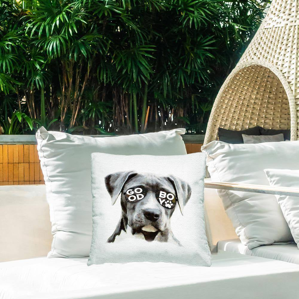 Good Boy Dog in Glasses Grey Square Outdoor Throw Pillow