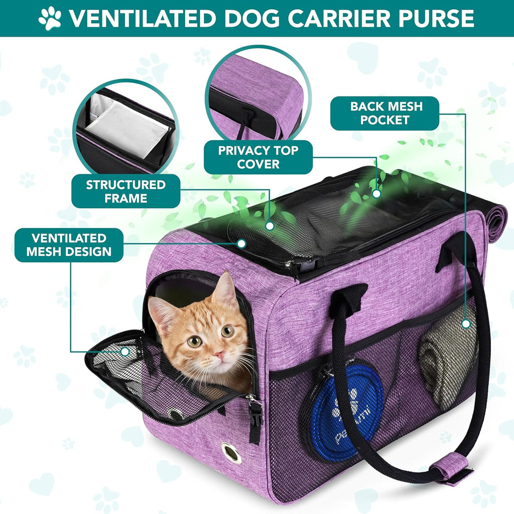 Dog Purse Carrier for Small Dogs, Airline Approved Soft Sided Pet Carrier with Pockets, Ventilated Dog Carrying Bag for Puppy Cat, Dog Travel Supplies Bag, Sherpa Bed, Max 12 Lbs, Purple