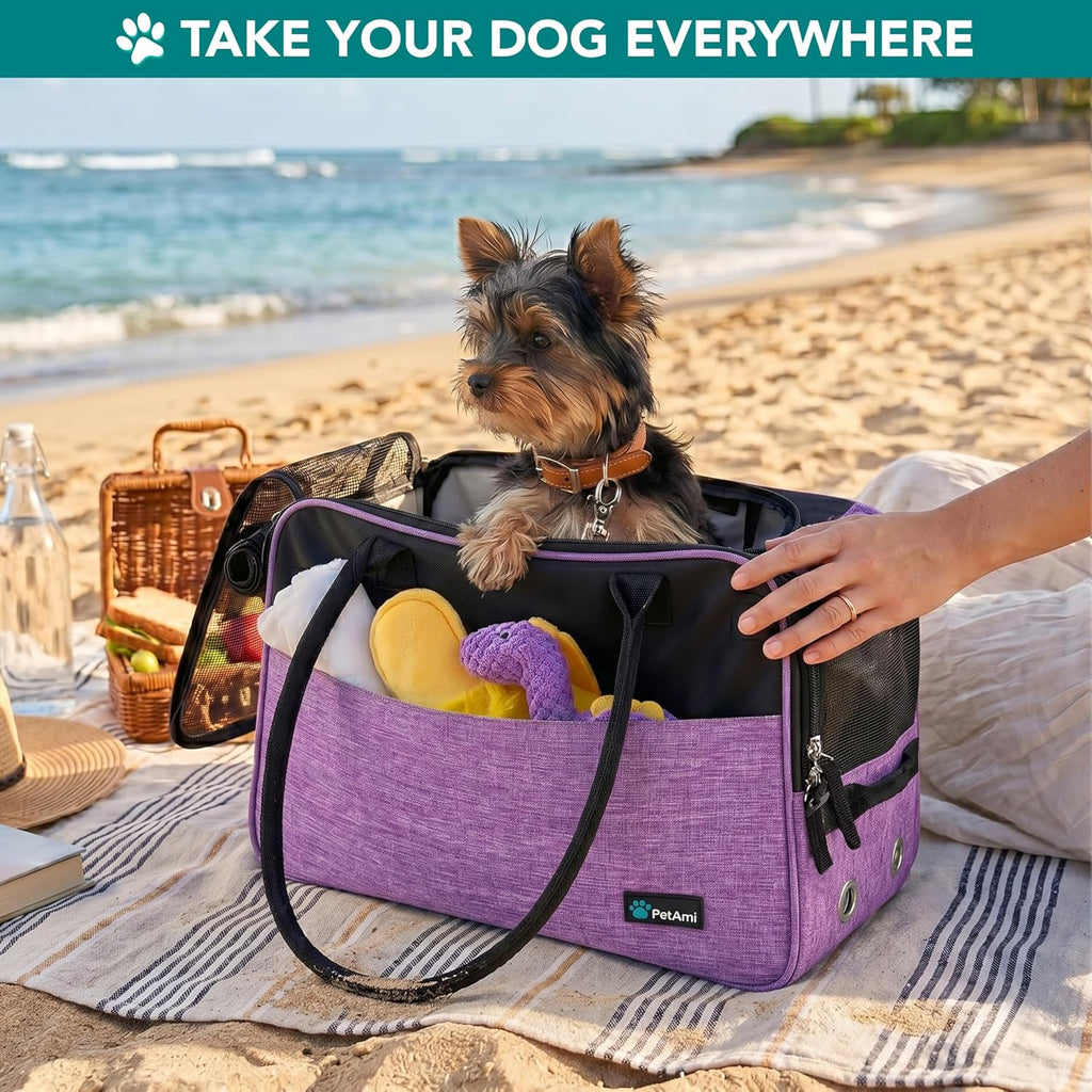 Dog Purse Carrier for Small Dogs, Airline Approved Soft Sided Pet Carrier with Pockets, Ventilated Dog Carrying Bag for Puppy Cat, Dog Travel Supplies Bag, Sherpa Bed, Max 12 Lbs, Purple